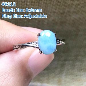 Klusterringar 8mm naturlig blå larimar ring smycken för kvinnor dam män silver ovala pärlor dominica vatten mönster sten justerbar