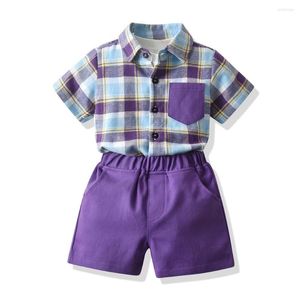 Roupas para roupas de verão Crianças de crianças 1 2 3 4 5 6 anos meninos de meninos moda moda moda xadrez de mangas curtas Polícia de algodão com calças de 3 peças