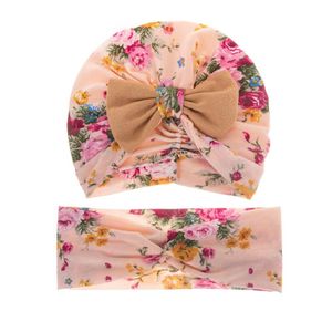 HATS CAPS 2 PCS/Set Baby Hat Band Flower Impresso Kids Girl Bonnet Cap Bows Soft Infant Toddler Beanie Turban Acessórios