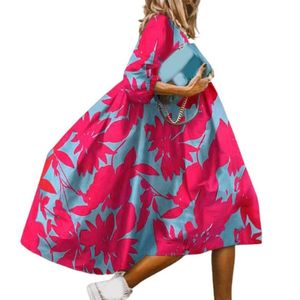 Lässige Kleider, Sommerkleid, O-Ausschnitt, 3/4-Ärmel, unregelmäßiger großer Saum, Baggy-Druck, Mädchen, Midi, weiblich, lässig, lässig