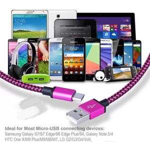 Micro USB Cables Nylon flätad kopparladdare Sync Datakabelkabel för Andriod Smart Phone Samsung Galaxy S7 Edge S6 S4