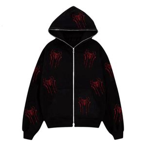 Kvinnors hoodies tröjor Rhinestones Red Spider Print Y2K Women Zip Up Lång ärm överdimensionerad Black Hoodie Gothic Punk Fashion Casual Sweatshirts 230316