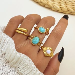 Böhmen Antik Gold Farbe Türkis Runde Ringe Sets Knuckle Ringe für Frauen Vintage-Schmuck 2023 Geschenk Zubehör