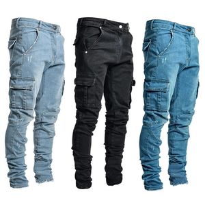 Men's Jean Pants Wash Solid Color Multi Pockets Denim Mid Waist Cargo Jeans Plus Size Fahsion Casual Trousers Male Daily Wear