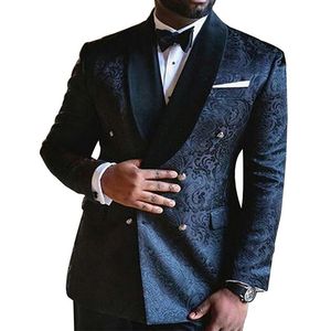 Erkekler Suits Blazers Düğün İnce Fit lacivert Damat Smokin için Çift Göğüslü Çiçek Erkekler Pantolonlu Erkek Fashoin Clo