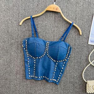 Women's spaghetti strap padded denim jeans rhinestone patched sexy bustier tanks camis
