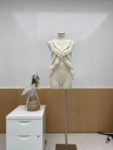 여성용 재킷 H80S90 여성 빈티지 크로 셰 뜨개질 Lurex Sleeveless Hollow Out Patchwork Shrug Handmade Knit Fashion Crop Tops Cardigan