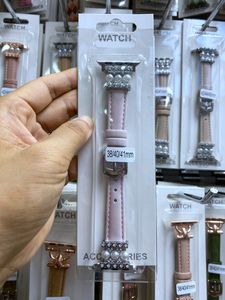 Luxury Pearl Watch Band Strap For Apple Watches Bands 38mm 40mm inset diamond Slim Watchbands Iwatch 3 4 5 7 41mm Metal Connector Real Cow Leather Ladies Women Girls