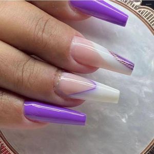 Yanlış Tırnaklar 24 PCS Glamour Mor Tabut 2023 Moda Tam Kapak Yapay Nail Tips Balerin Giyilebilir Pres