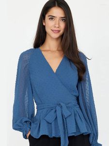 Kvinnors blusar mode jacquard spets rufsed hem lady elegant ol blus professionell kvinna v hals sexig långärmad skjortor toppar kläder