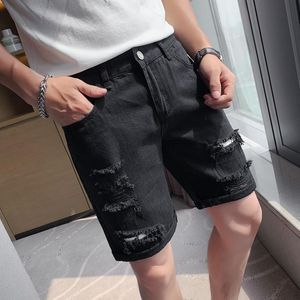 Men's Jeans Summer White Black Men Denim Shorts Slim Casual Knee Length Short Hole For Ripped Pant Frayed DenimMen's