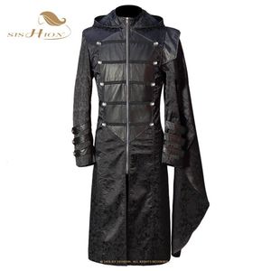 Trench da uomo Trench da uomo in pelle con cappuccio medievale gotico rinascimentale punk maniche lunghe giacche uniforme retrò nero VD2485 230316