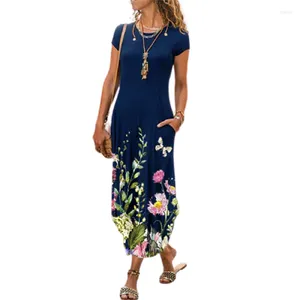 Abiti casual 2023 Summer Women Flower Print Boho Dress Fashion Slim Sundress O-Collo T-shirt manica corta Ladies Street Vestido