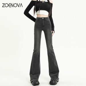 Kvinnors jeans zoenova 2023 vårkvinna ny hög midja stretch bomull denim byxor vintage streetwear y2k chic tassels blossed jeans blå grå l230316