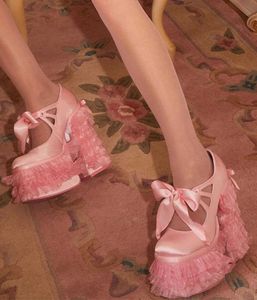 Lady Pink Stain Lace Mary Jane Lolita Pumps Pink Lace Up Платформа Falbala High Heels Shoes Sweet Princess Trape Those 0316