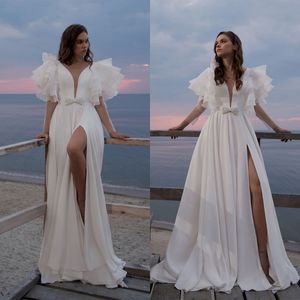 Bride Gowns Soft Chiffon Wedding Dresses With Sexy Deep V-Neck New Bow Side High Split Bridal Gown Custom Made Brush Train Robes De Mariee