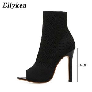 top Spring Pole Dancing Ankle Sandal Women Boots Peep Toe Knitted Stretch Fabric Sexy Cut-Out Stilettos High Heels Shoes 230306