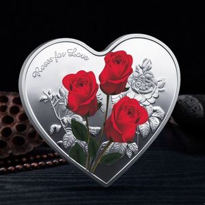 Monete commemorative in metallo regalo di San Valentino a forma di cuore con rosa 52 lingue Ti amo Medaglia Sfida Moneta Artigianato RRA1129