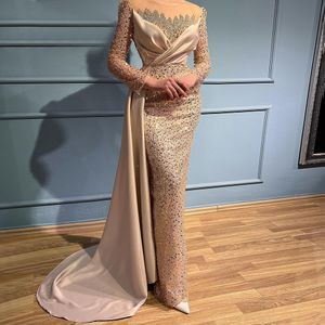 2023 Evening Dresses Wear Elegant Champagne Mermaid Sequined Crystal Beaded Long Sleeves with Satin Train Women Dubai Formal Prom Party Gowns