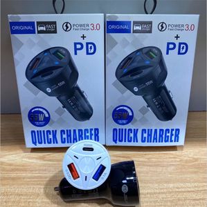 3 portas LED Adaptador de plugue USB Fast Charging Tipo C QC3.0 PD 7A Carregador de carro para iPhone 11 12 13 14 Pro Max Samsung com pacote de caixa de varejo