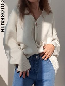 Women's Knits Tees Colorfaith V-Neck Buttons Cardigans Oversized Fashionable Korean Lady Winter Spring Women's Sweaters Knitwears SWC18190 230316