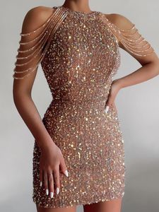 Abito da ballo con paillettes scintillanti Ragazze nere 2023 Manica con perline Abiti da sera corti da sera per feste Abiti da donna eleganti per il compleanno Occasioni speciali Cocktail Abito da ritorno a casa