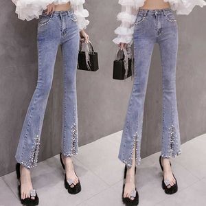 Women's Jeans Slim Fitting Jeans Women's New Spring 2022 Nine Point Pants Nail Bead Flare Pants High Waist Split Jeans L230316