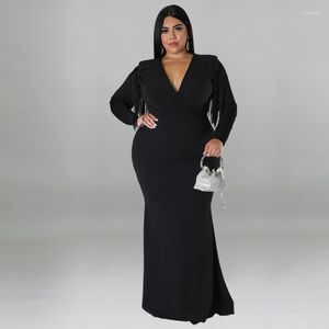 Plus -klänningar Elegant retro temperament fransar svart lång klänning party sexig mode lyx kväll kvinnor 2023 hösten