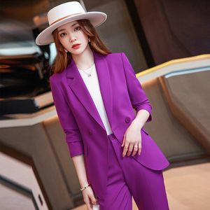 Kvinnors kostymer Blazers Elegant Purple Autumn Winter Women Business Suits With Pants and Jackets Coat Long Sleeve Professional Pantsuits Byxor Set 230316