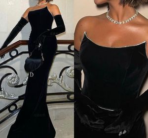 Черное велюровое формальное вечернее платье 2023 Женщины без бретелек из хрустальной элегантной элегантной платья для вечеринок русалка Robe de Soiree 2023