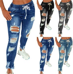 Damen-Jeans, Kordelzug, hohe Taille, Stretch, zerrissene Löcher, modische Denim-Bleistifthosen in voller Länge, Röhrenjeans