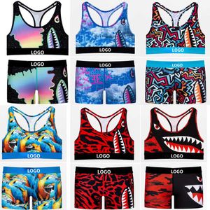 Einzelhandel Frauen Yoga Fitness Outfits Trainingsanzüge 2 Stück Badeanzüge 2023 Mode Sexy Gedruckt Weste Crop Top Und Shorts Set