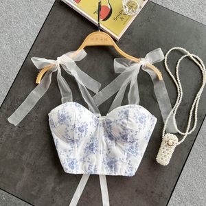 女性用のレーシング包帯スパゲッティストラップパッド入り刺繍ブルーフラワーズビュスティエアップネーベルタンクキャミス