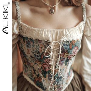 Женские танки Camis French Vintage Corset Tops, чтобы надеть сексуальные цветочные корсеты Bustier Top Top Tank Crace Up Women Flower Camisole 230316