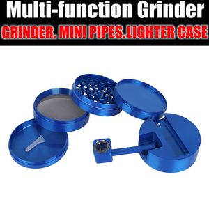 Cool Smoking Colorful Zinc Alloy Multi-Role Dry Herb Tobacco Grind Spice Miller Grinder Removable Glass Filter Bowl Hand Pipes Portable Lighter Stash Case DHL