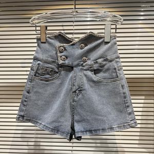 Women's Jeans Collection High Waist Rhinestone Double Breasted Buttons Light Blue Stretch Denim Shorts Women Short GF349