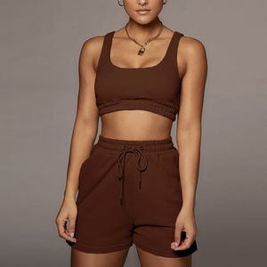 Kvinnors tvådelade byxor Casual Solid Sportswear Two Piece Set Women Crop Top and Drawstring Shorts Matching Set Summer Athleisure Outfits 449
