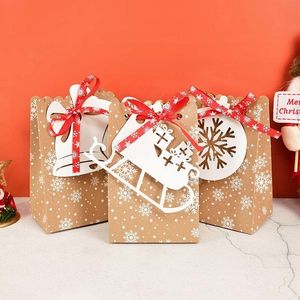 Gift Wrap 12pcs Christmas Kraft Paper Bags With Tag Snowman Holiday Xmas Party Favor Bag Candy Cookie Pouch Gift Wrapping Supplies 230316