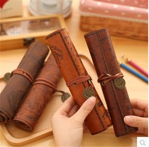 Creative Treasure Map Retro Canvas Leather Large-capacity Roll Pencil Case Cute Simple Stationery