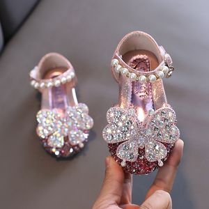 Sneakers Kids Sected Bowknot Princess Shoes Kids Silver Pink Leather Shoes Party Girls Dance Performance G528 230316