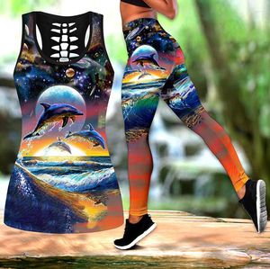 Women's Tanks Love Dolphin 3D All Over Printed Yoga Legging Pants Hollow Tank Top Outfit For Women Sport Suits