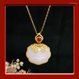 Pendant Necklaces YH Gold Leaf Safety Lock And Tian Yu For Female Chinese Style Retro White Jade