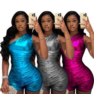 Bulk Wholesale Oblique Shoulder Women Rompers Summer Sexy Pleated Bodysuits Fashion Metallic Luster Bodycon Playsuit 9477