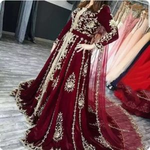 新しいドバイアラビア赤ワインAlgeria Caftan Velor長袖イスラム教徒のイブニングドレスゴールドアップリケレースプロムガウン女性パーティードレス