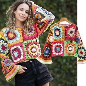 Women's Knits & Tees Elmsk 2023 Indie Folk Sexy O-neck Short Sweaters Women Pullovers Bohemian Style Retro Floral Handmade Flare Sleeve Knit