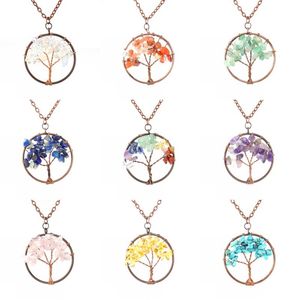 Natural Stone Gravel Crystal Tree of Life Pendant Necklace For Women Fashion Quartz 7 Chakra Charm tröja kedja smycken gåva