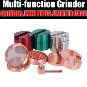 Smoking Colorful Zinc Alloy Multifunctional Dry Herb Tobacco Grind Spice Miller Grinder Removable Glass Filter Bowl Handpipes Portable Lighter Stash Case