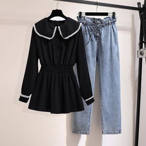 Tracksuits 150Kg Plus Size Women's Spring Autumn Western Style Doll Collar Chiffon Shirt Elastic Waist Jeans Bust 157cm Fashion Casual