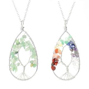 Natural Stone Tree of Life Water Drop Pendant Necklace 7 Chakras Colorful Quartz Crystal Sweater Chain Jewelry for Women Wedding