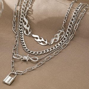 Anhänger Halsketten Me Steampunk Funky Chunky Chain Multilayer Fire Flame Lock für Männer Frauen Trendy Dope Lange Halskette Schmuck Anhänger Elle22